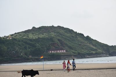 People on beach against clear sky