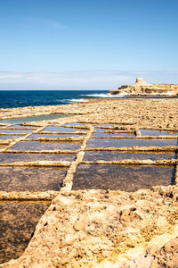 Surface level of beach against clear sky