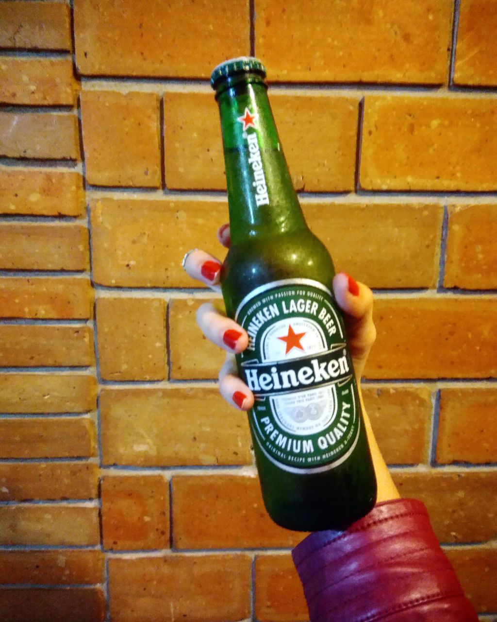 CLOSE-UP OF BEER BOTTLE AGAINST WALL