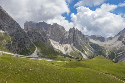 Breathtaking view at a valley in the wild dolomites mountain in italy