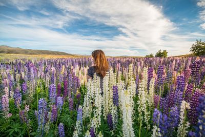 Rear view of woman standing amidst flowers on field against cloudy sky