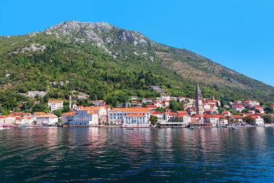 Perast tiny charming city of the montenegrin coast . old town at coast of montenegro at kotor bay 