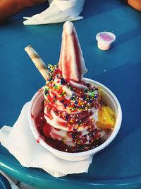 High angle view of ice cream on table