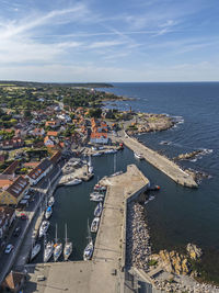 Aerial photo of allinge harbour, bornholm, denmark