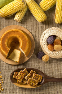 High angle view of breakfast on table