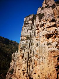 Low angle view of rock formation against clear blue sky