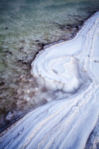 High angle view of snow covered land