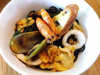 High angle view of seafood in plate on table