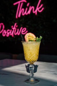 Close-up of drink served on table