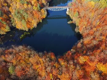 High angle view of lake amidst trees during autumn