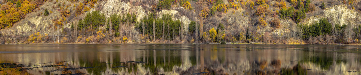 Panoramic picturesque view of the lake in the forest. with reflection.