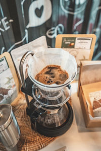 High angle view of coffee on table