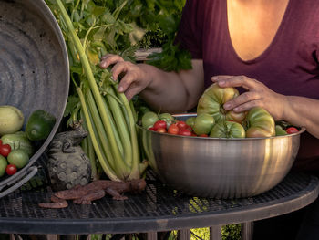 Midsection of woman holding fruits