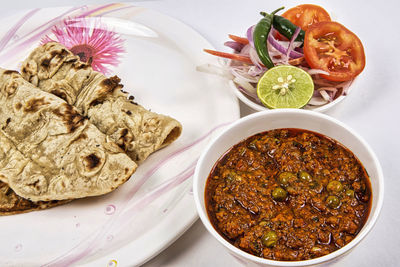 High angle view of food in plate on table