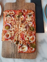 High angle view of pizza on table