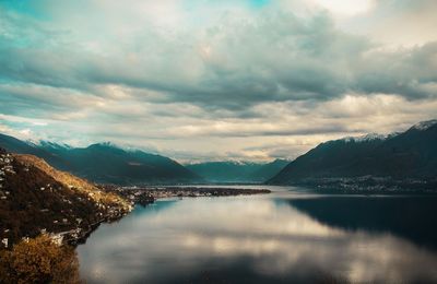 Scenic view of lake and mountains against sky