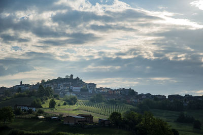 High angle view of buildings against sky