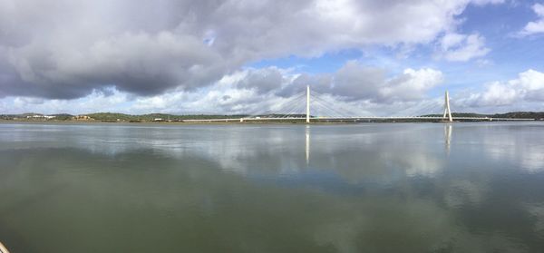 Panoramic view of bridge over sea against sky