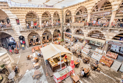 High angle view of people in town square