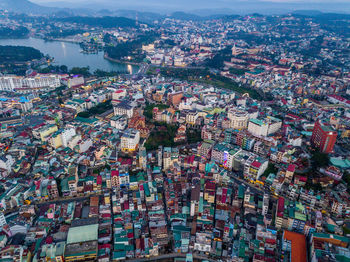 Aerial view of crowded buildings in city