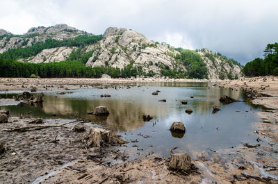 Scenic view of lake against cloudy sky