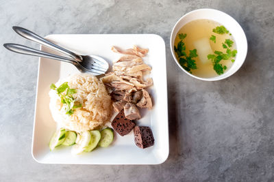 High angle view of food in plate on table