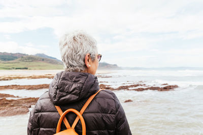 Rear view of man on beach against sky