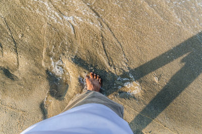 Low section of man standing at beach