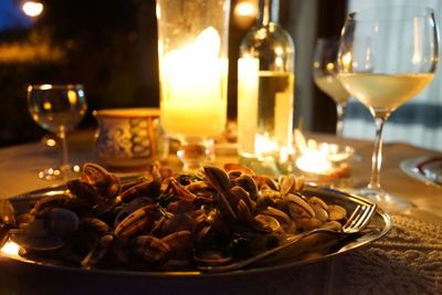 Close-up of seafood served in plate on table at restaurant