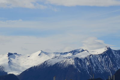 Scenic view of snowcapped mountains against sky