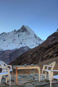 Scenic view of snowcapped mountains against clear blue sky