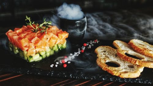 Close-up of meat served in plate on table