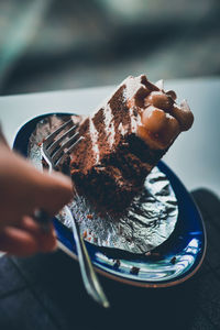 Close-up of hand holding ice cream in plate