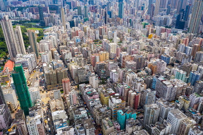 High angle view of modern buildings in city