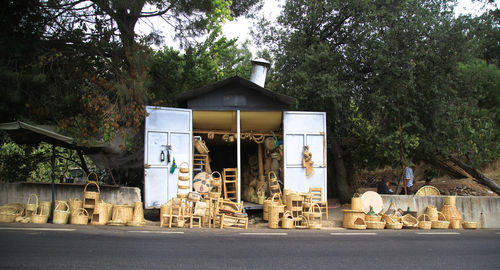 Built structure by trees and plants in forest