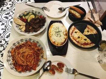 High angle view of meal served on table