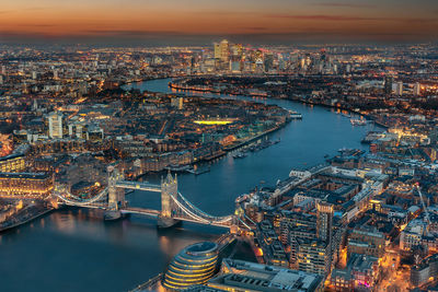 Aerial view of cityscape during sunset