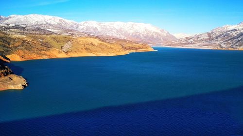 Scenic view of sea and mountains against sky