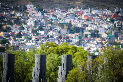 High angle view of buildings in city