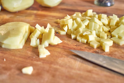 High angle view of chopped vegetables on cutting board