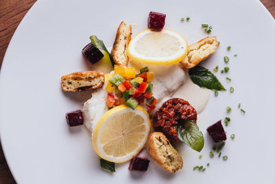 High angle view of fish served on plate