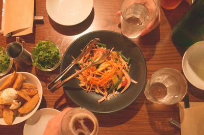 High angle view of food served on table