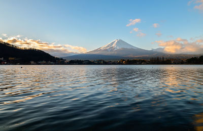 Scenic view of lake against mt fuji during sunset