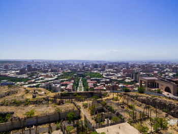 High angle view of townscape against clear sky