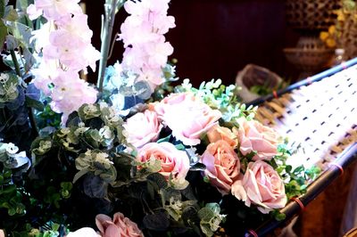 Close-up of pink roses on plant for sale