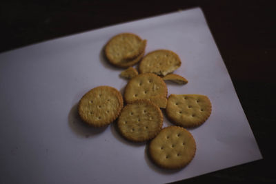 High angle view of cookies in plate on table