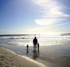 Silhouette man and dog on beach against sky