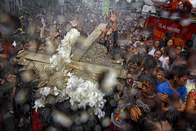 High angle view of people on street in city