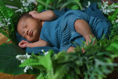 Cute baby girl lying on plant