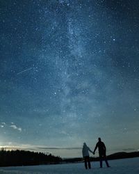 Silhouette couple holding hands while standing on field against sky at night